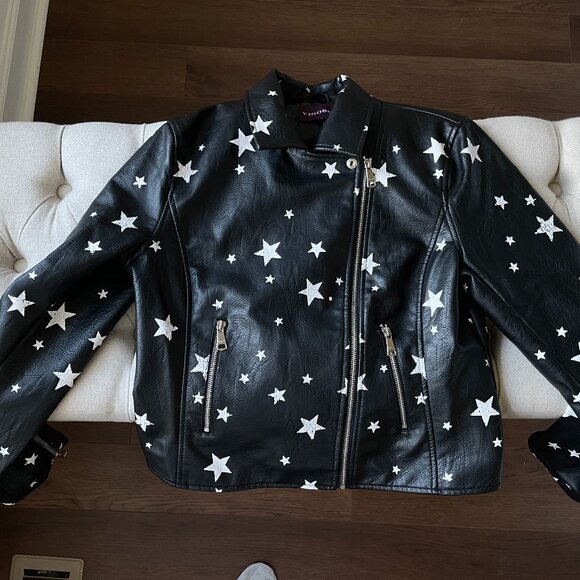 VIGOSS Black and White Star Leather Jacket - Picture 1 of 4